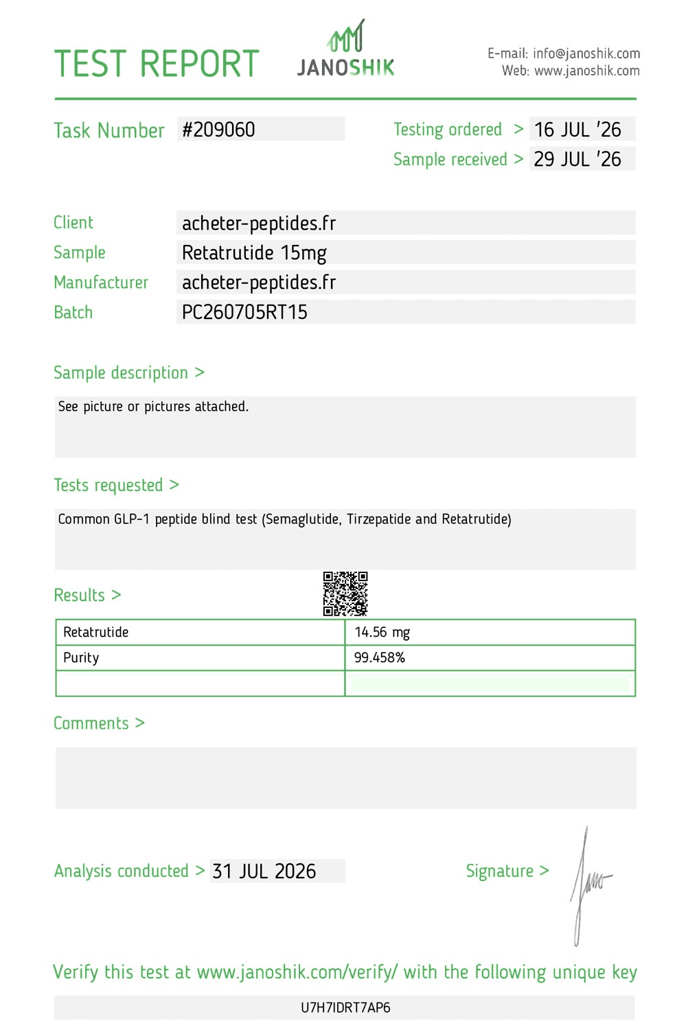 Certificat Janoshik — Retatrutide