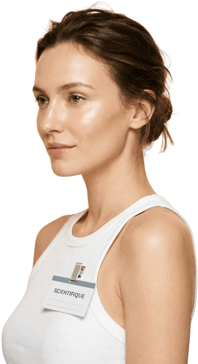 Portrait en studio d'une femme portant un badge de laboratoire marqué « scientifique », image d'illustration