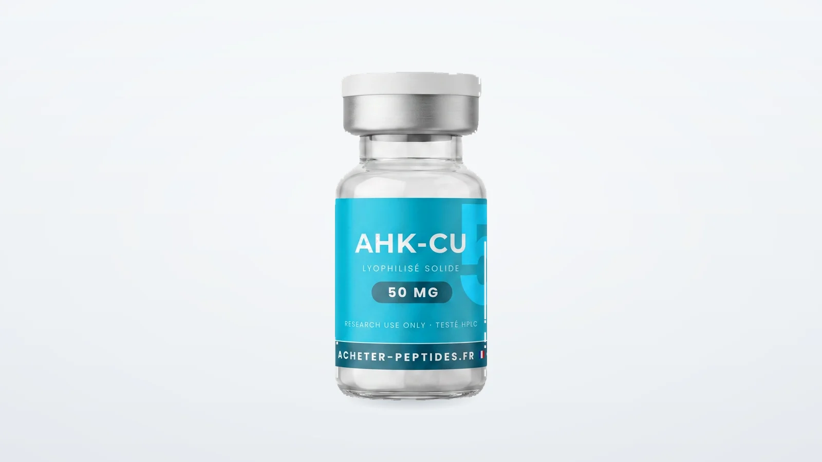 AHK-Cu cheveux — flacon d’AHK-Cu lyophilisé sur fond clair