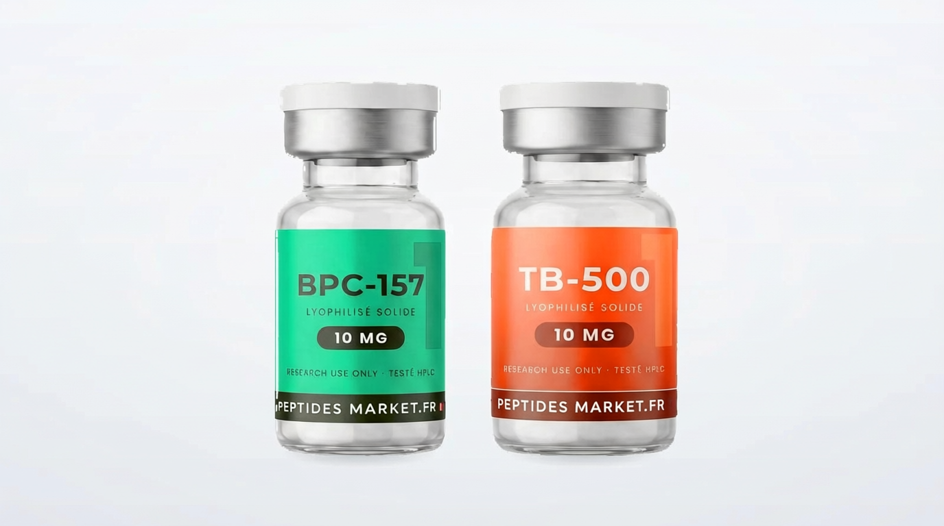 TB-500 et BPC-157 — deux flacons lyophilisés 10 mg côte à côte sur fond clair
