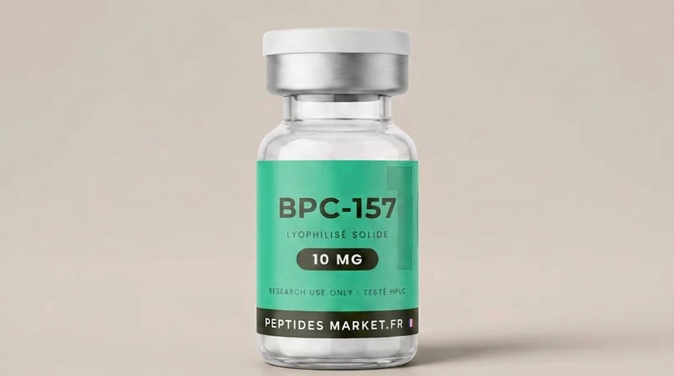 Peptide BPC-157 — flacon de BPC-157 10 mg lyophilisé, étiquette verte, peptide de recherche peptidemarket.fr
