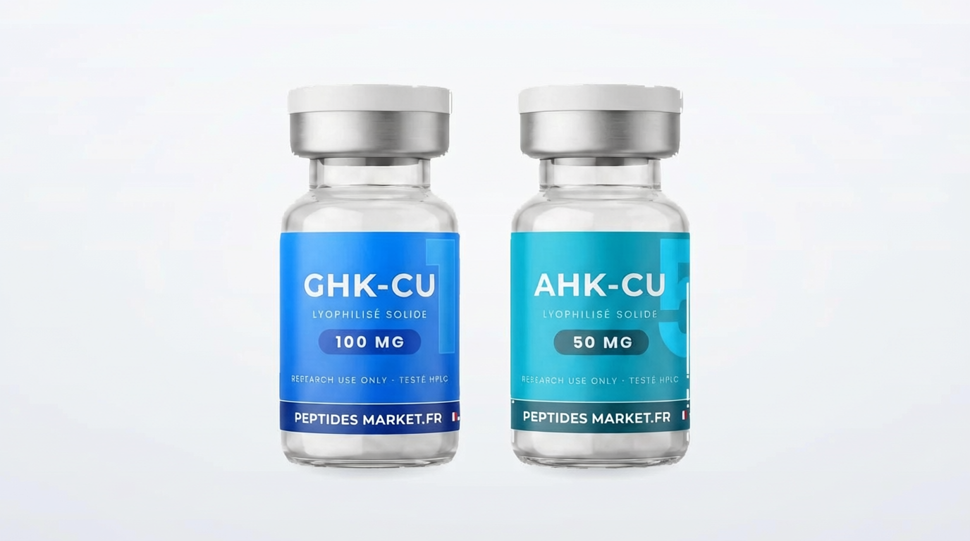 GHK-Cu et AHK-Cu — deux flacons de peptides de cuivre lyophilisés côte à côte
