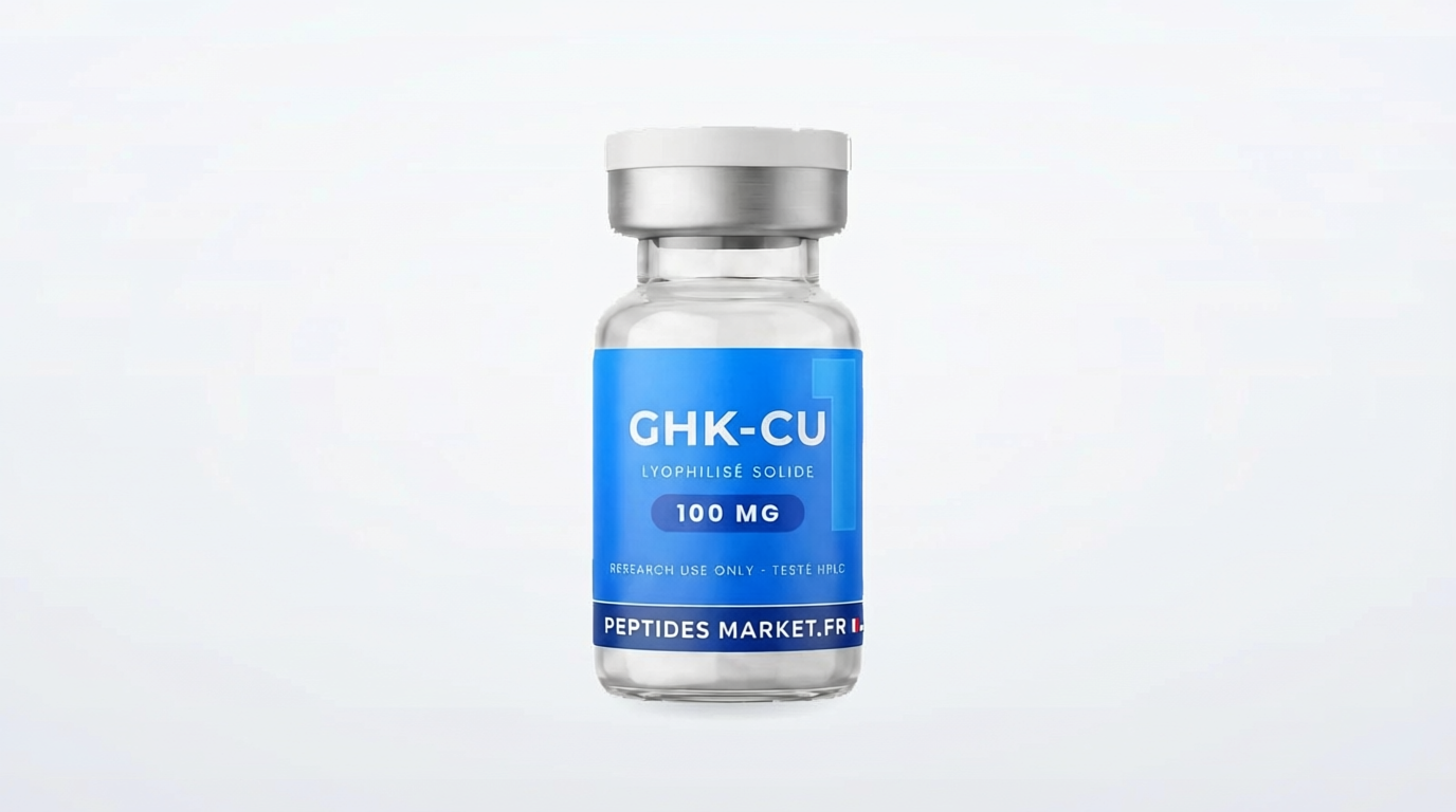 Peptide GHK-Cu — flacon de GHK-Cu lyophilisé sur fond clair, peptide de recherche peptidemarket.fr