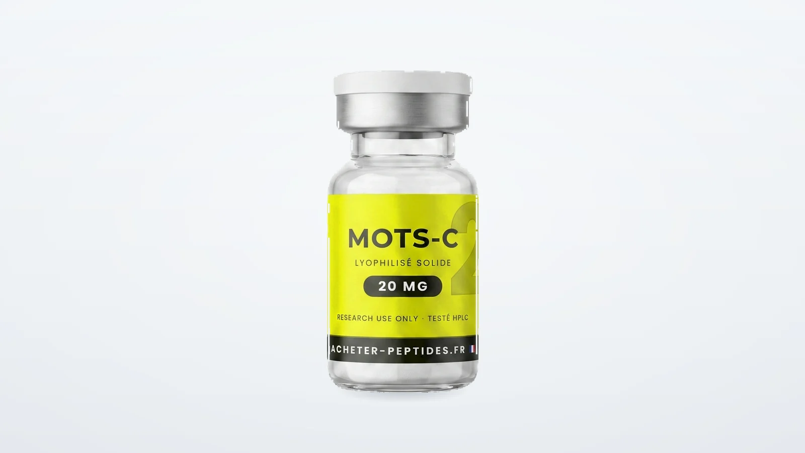 Peptide longévité — flacon de MOTS-c lyophilisé sur fond clair