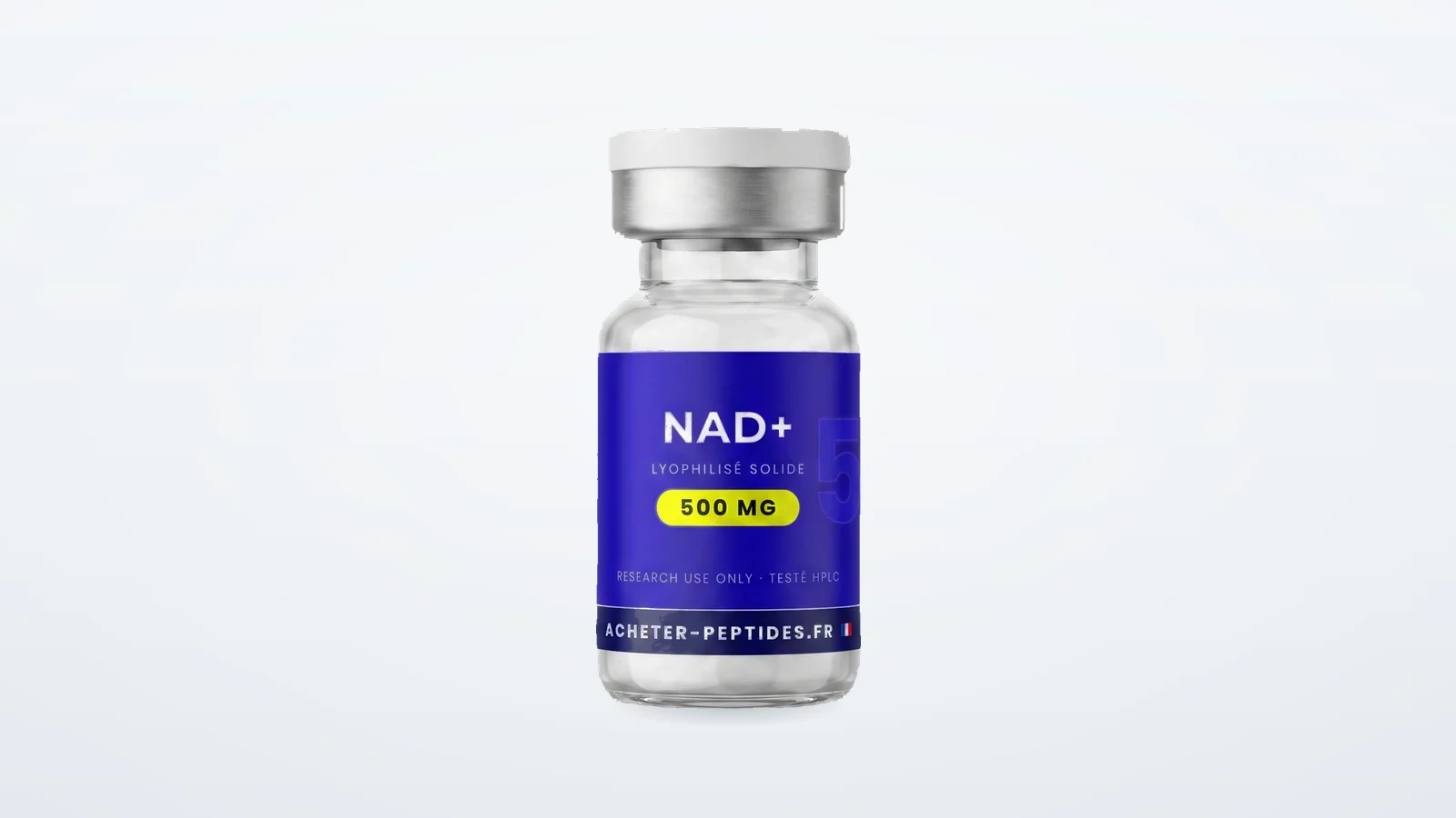NAD+ anti âge — flacon de NAD+ lyophilisé sur fond clair