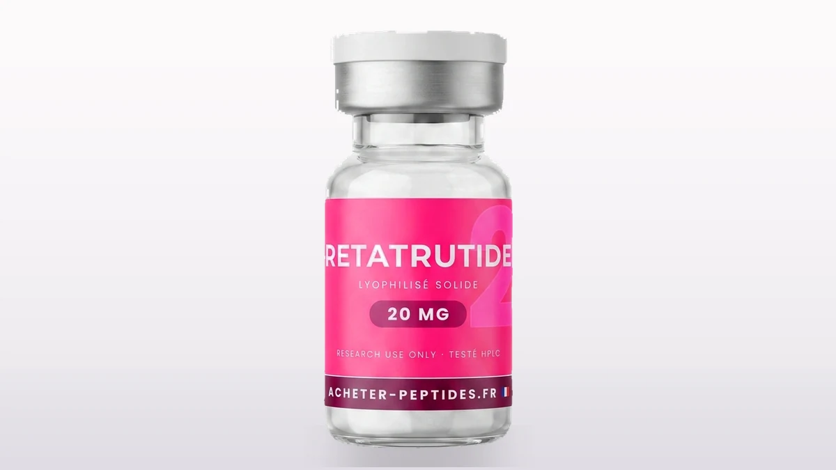 Retatrutide prix — flacon de rétatrutide lyophilisé, étiquette rose