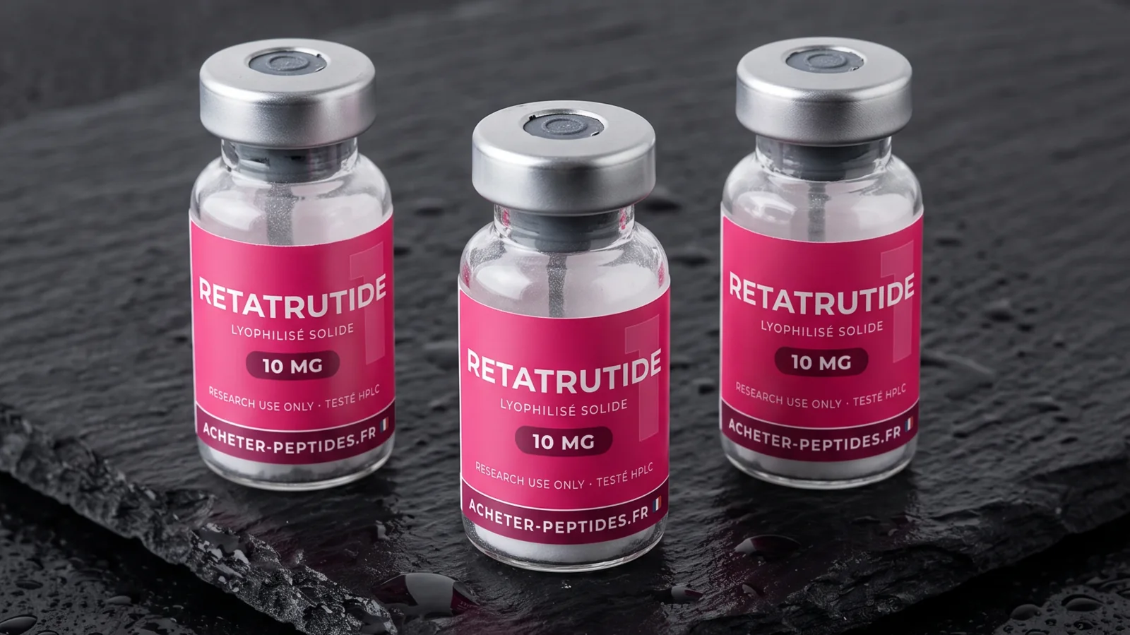 Rétatrutide vs sémaglutide — trois flacons de rétatrutide 10 mg lyophilisé sur ardoise, peptidemarket.fr