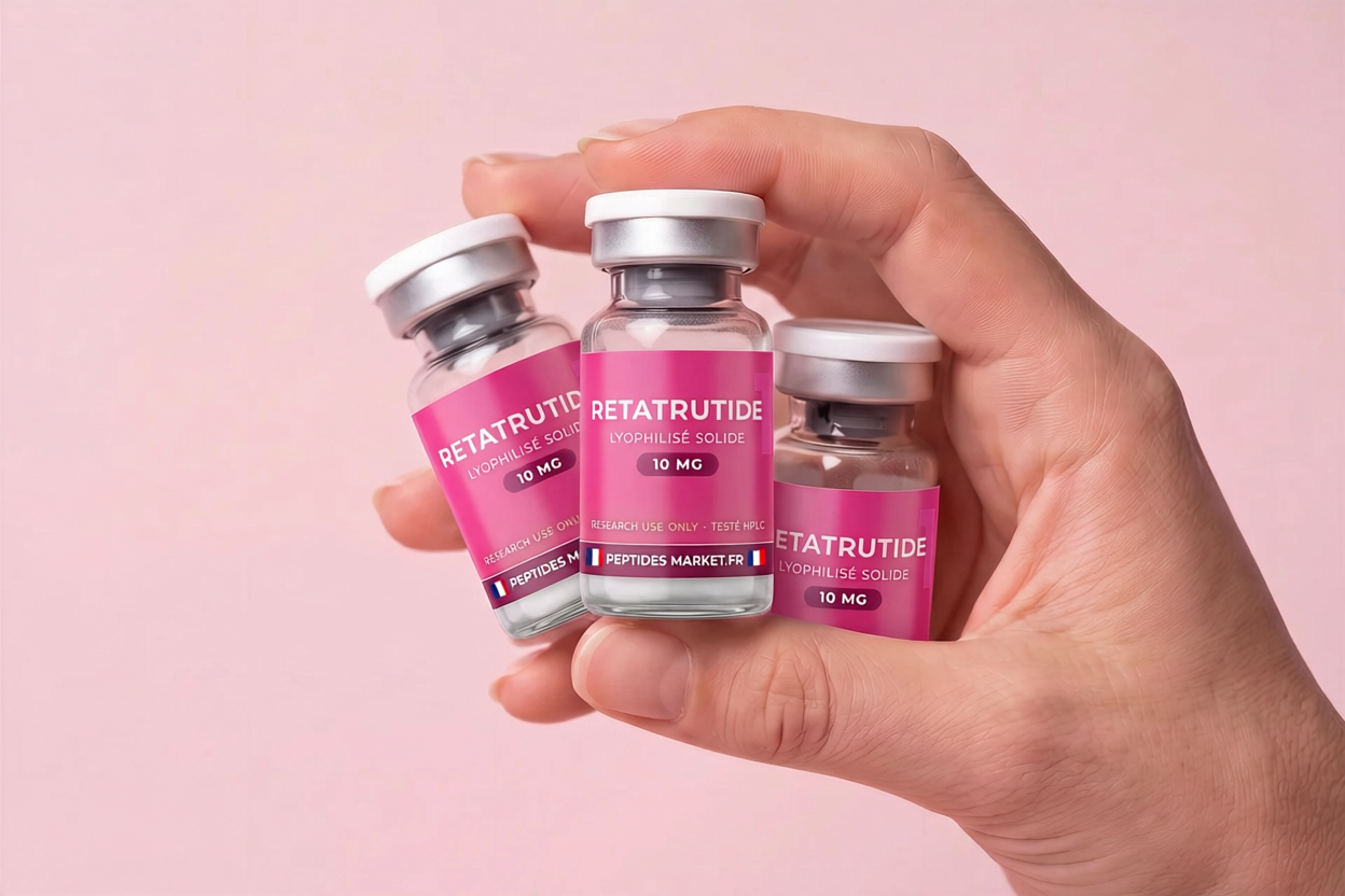 Retatrutide achat — trois flacons de rétatrutide 10 mg lyophilisé tenus à la main