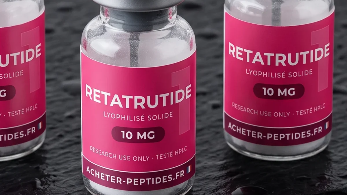 Légalité des peptides en France — flacon de rétatrutide 10 mg lyophilisé, gros plan sur ardoise noire