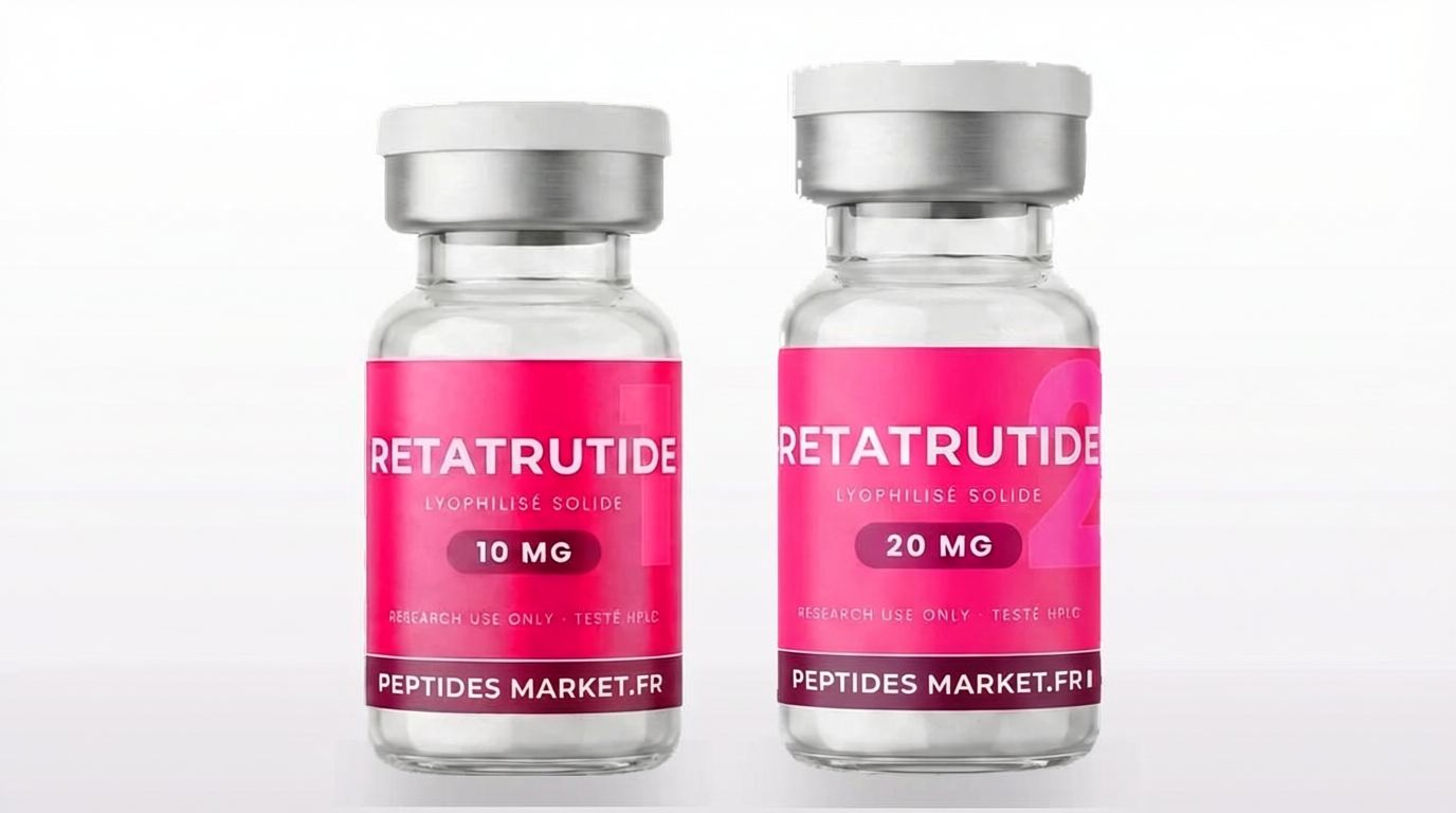 Retatrutide prix — flacon de rétatrutide 10 mg, poudre lyophilisée, étiquette rose sur fond blanc, peptidemarket.fr