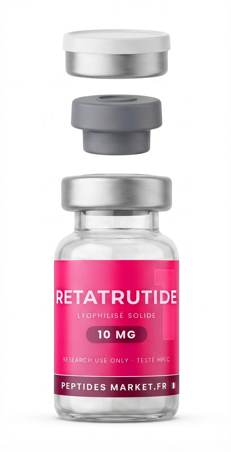Flacon de rétatrutide peptidemarket.fr 10 mg en vue éclatée : capsule d'aluminium, bouchon en caoutchouc et flacon en verre