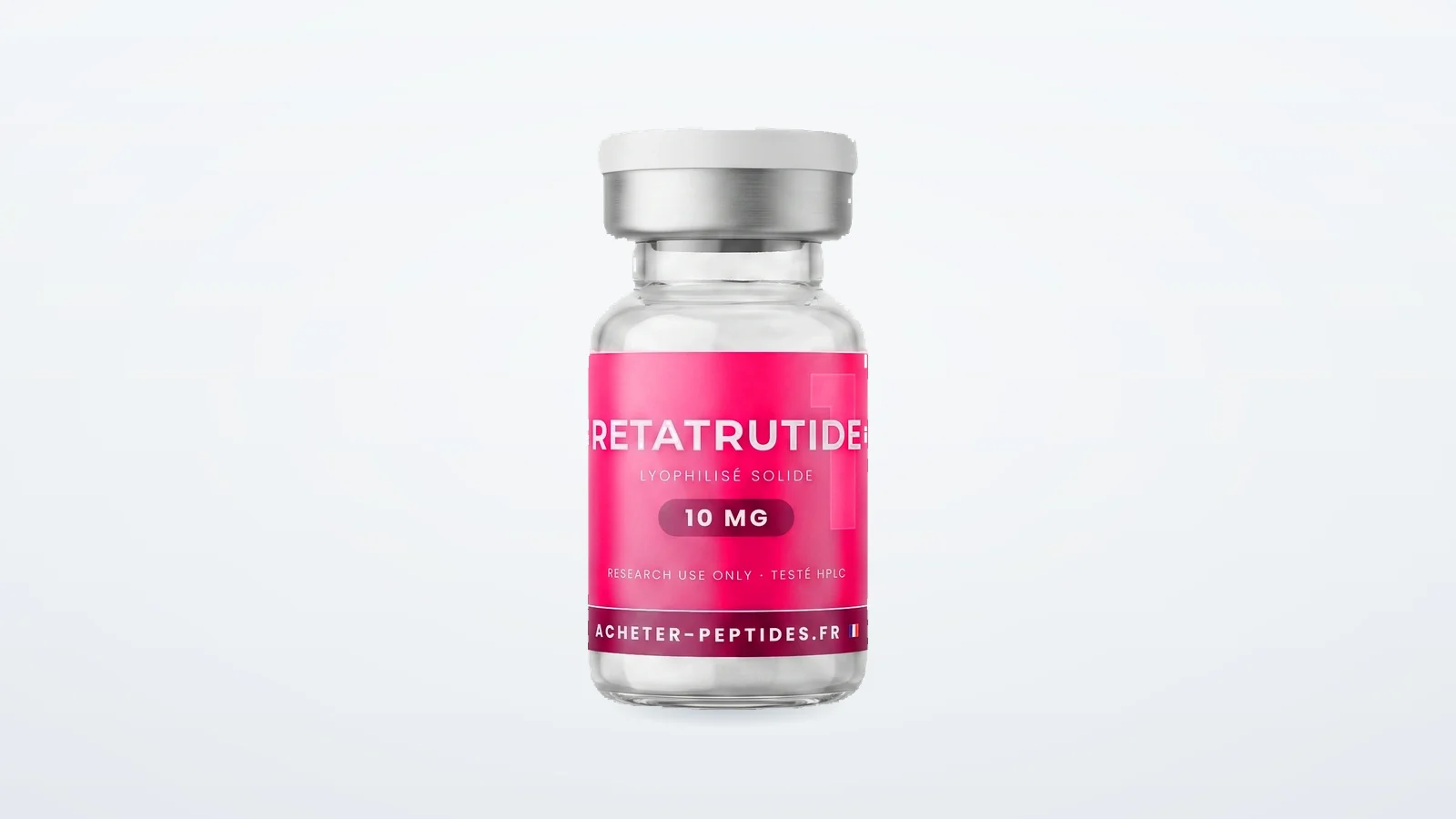Retatrutide — flacon de rétatrutide 10 mg lyophilisé sur fond clair