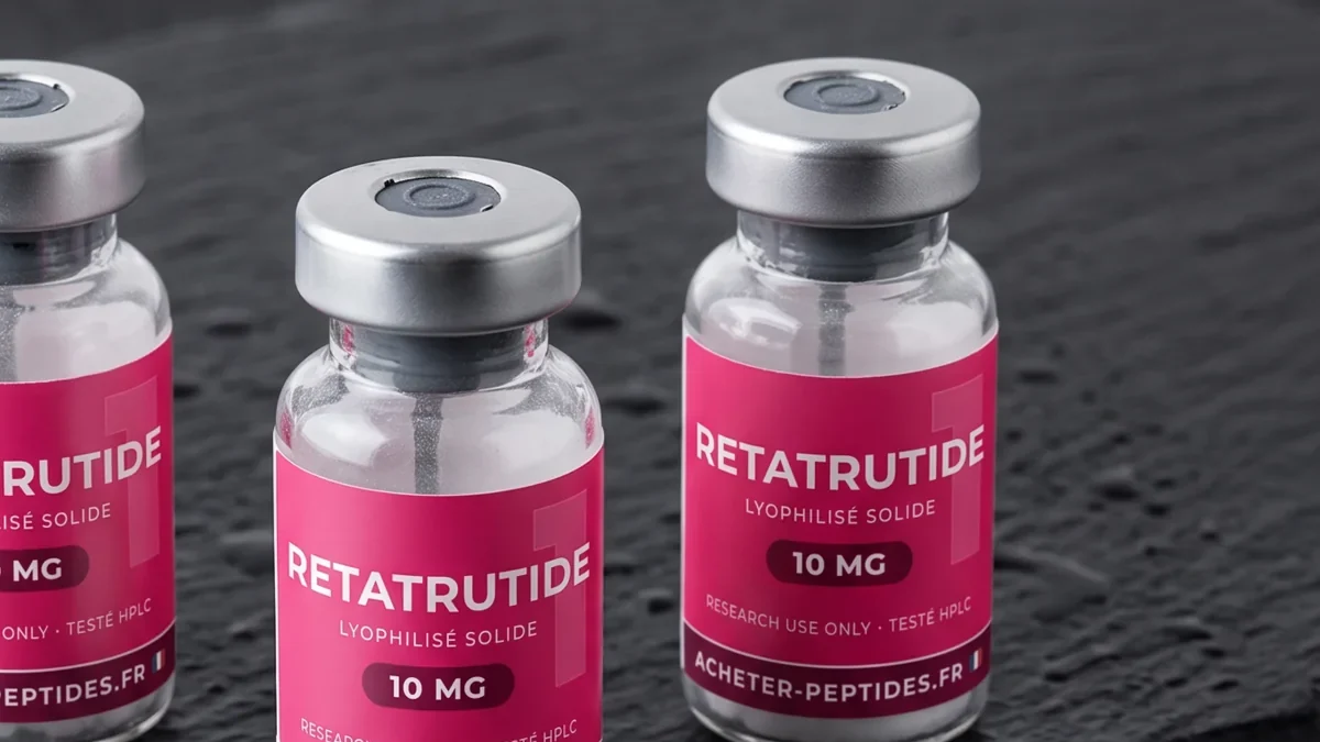 Peptides qualité — deux flacons de rétatrutide 10 mg lyophilisé sur ardoise noire humide