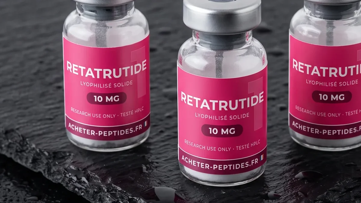 Retatrutide danger — flacon de rétatrutide 10 mg lyophilisé sur ardoise noire humide