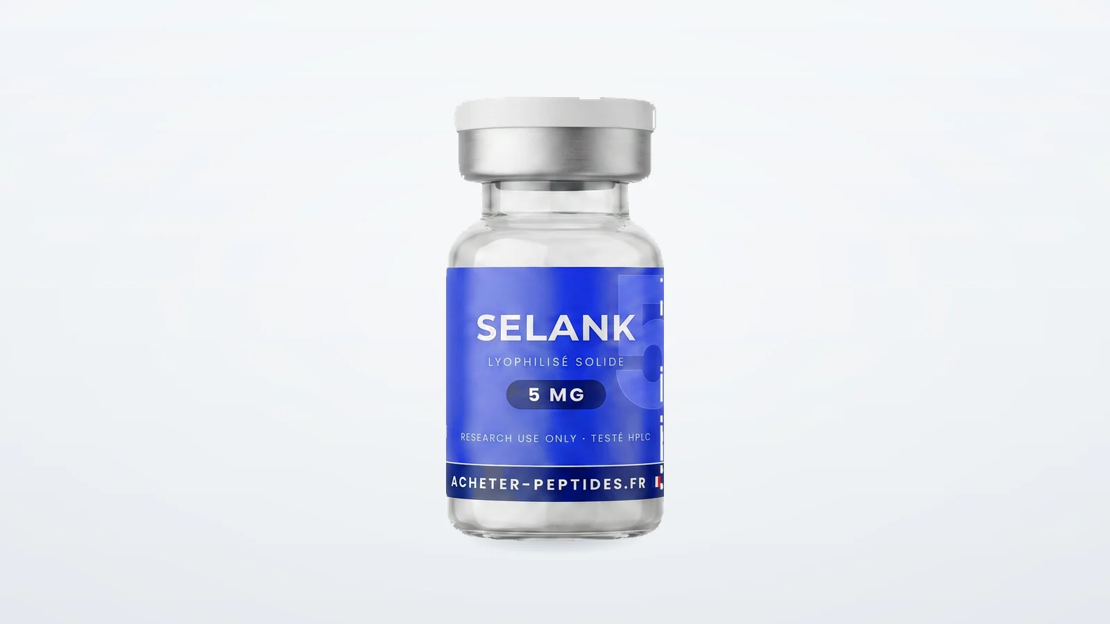 Acheter selank — flacon de Selank 5 mg lyophilisé sur fond clair
