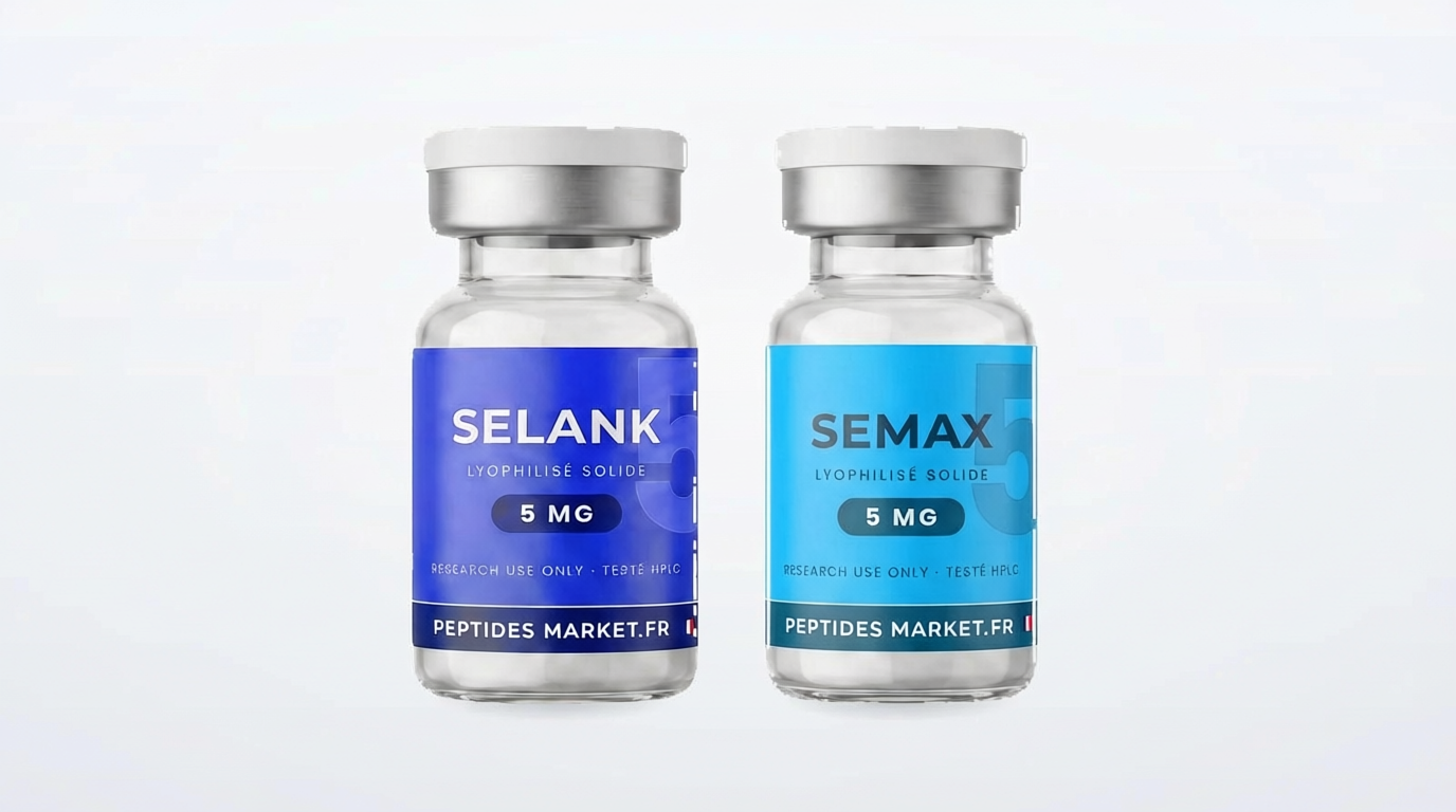 Peptides nootropiques — flacons de Selank et de Semax lyophilisé côte à côte