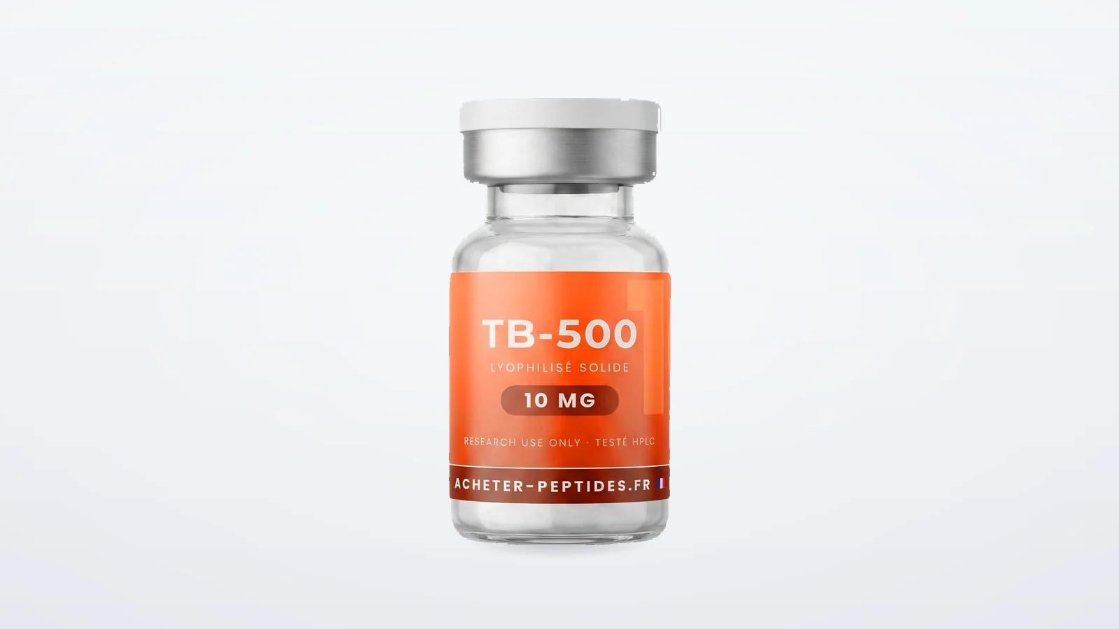 Peptide TB-500 — flacon de TB-500 10 mg lyophilisé sur fond clair, peptide de recherche peptidemarket.fr